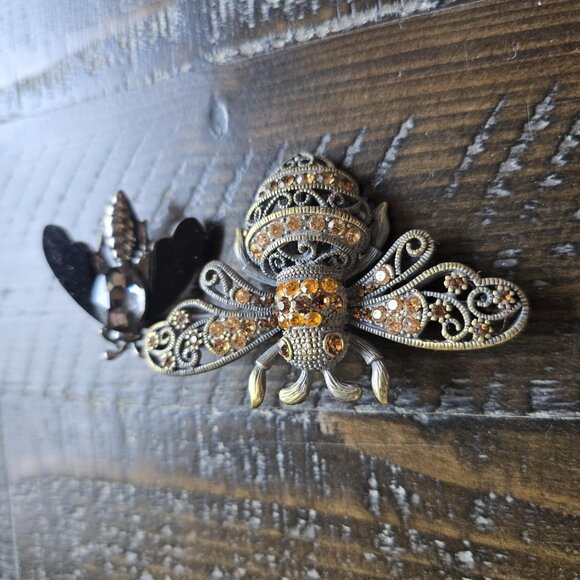 Vintage Lot of 2 Rhinestone Bee Brooches Pin Silver Tone Insect Crystal Retro - Picture 2 of 7